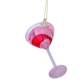 Vondels Cosmopolitan Cocktail Glass Tree Decoration in pink glass with glitter stem, gold star nameplate, and hanging thread loop