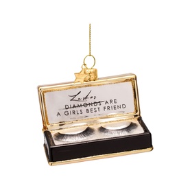 Vondels Fake Lashes Glass Tree Decoration, black and gold box ornament with lashes inside, "Lashes are a Girls Best Friend" text, glitter detail