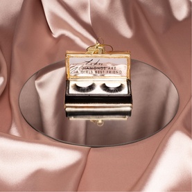 Vondels Fake Lashes Glass Tree Decoration in black, miniature lash box ornament with gold hanging loop, glitter detail and logo nameplate