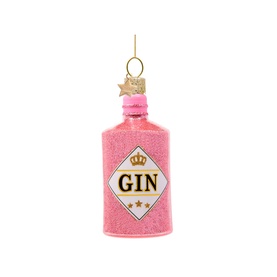 Vondels Gin Bottle Glass Tree Decoration in pink glitter finish with gold crown label detail and hanging loop thread