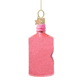 Vondels Gin Bottle Glass Tree Decoration in pink glitter finish with gold star nameplate stopper and hanging loop