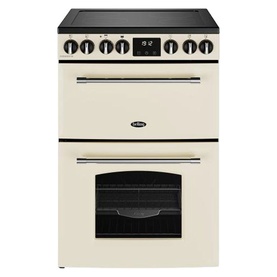 Belling Farmhouse Electric 60cm Range Cooker in cream with black knobs, digital display, ceramic hob, and double oven with chrome handles