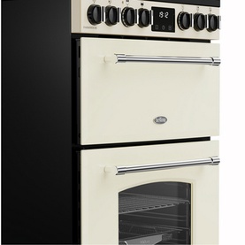 Belling Farmhouse Electric 60cm Range Cooker in cream with black knobs, chrome handles, and double oven compartments