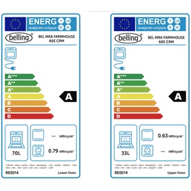 Belling Farmhouse Electric 60cm Range Cooker Cream energy rating label showing A-rated lower oven (70L) and upper oven (35L)