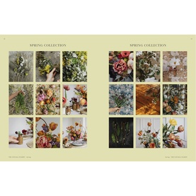 New Mags Flower Philosophy book open to Spring Collection pages featuring grid of floral arrangement photography