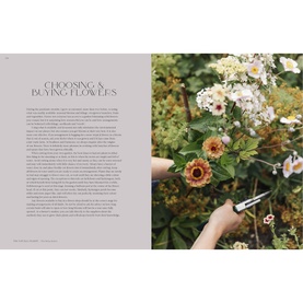 New Mags Flower Philosophy book open to a spread titled Choosing & Buying Flowers, featuring floral photography and text