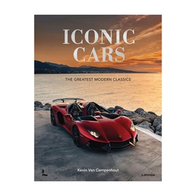 New Mags Iconic Cars book, hardcover featuring a red Lamborghini on the cover with sunset backdrop, subtitle The Greatest Modern Classics