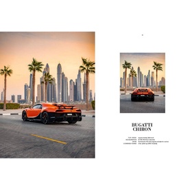 New Mags Iconic Cars book open to Bugatti Chiron spread, featuring orange supercar with Dubai skyline and palm trees