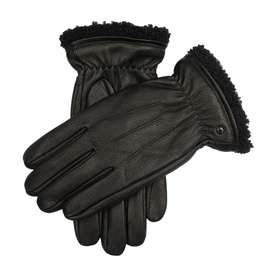 Dents Shrewsbury Lined Gloves in black grained leather with elasticated shearling-trimmed cuffs and logo snap detail