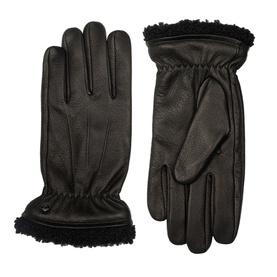 Dents Shrewsbury Lined Gloves in black grained leather with elasticated cuffs and shearling lining trim, logo detail visible
