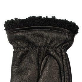 Dents Shrewsbury Lined Gloves in black grained leather with elasticated cuff and black shearling lining trim detail visible at wrist