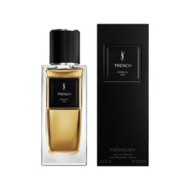 YSL Le Vestiaire des Parfums Trench Eau de Parfum bottle with black cap alongside matching black box packaging
