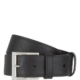 Prada Textured Leather Belt in black with silver-tone square buckle, saffiano-style textured finish and adjustable fit