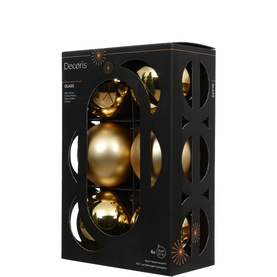 Kaemingk Round Glass Tree Decoration Six-Piece Set in gold, featuring matte and gloss finishes in black display box