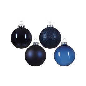 Kaemingk Round Glass Tree Decoration 42-Piece Set in blue, featuring glitter, matte, and shiny finishes with silver hanging loops
