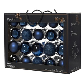 Kaemingk Round Glass Tree Decoration 42-Piece Set in blue, boxed set with mixed matte, gloss and glitter glass baubles