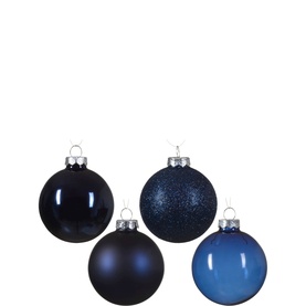 Kaemingk Round Glass Tree Decoration 42-Piece Set in blue, featuring glitter, matte, and shiny finishes with silver hanging loops