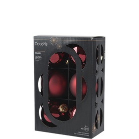 Kaemingk Round Glass Tree Decoration Six-Piece Set in deep red, mixed matte and gloss finishes, presented in branded display box