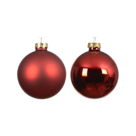 Kaemingk Round Glass Tree Decoration Six-Piece Set in dark red, showing matte and glossy finish baubles with gold hanging loops