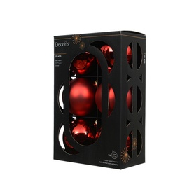 Kaemingk Round Glass Tree Decoration Six-Piece Set in red, mixed matt and gloss finishes, presented in black display box