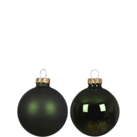 Kaemingk Round Glass Tree Decoration Six-Piece Set in dark green, showing matte and gloss finishes with gold-toned caps