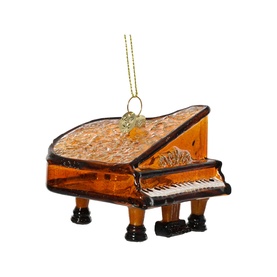 Kaemingk Grand Piano Glass Tree Decoration in brown with glitter embellishment, see-through glass finish and gold hanging loop