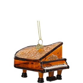 Kaemingk Grand Piano Glass Tree Decoration in brown with glitter embellishment, see-through glass finish and gold hanging loop