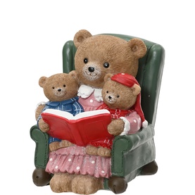 Kaemingk Mama Bear & Baby Bear Christmas Ornament, polyresin figurine of mother bear reading to two cubs in a green armchair