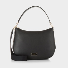 Kate Spade Liv Large Hobo Bag in black pebbled leather with gold-tone hardware, logo plaque, single shoulder strap and detachable crossbody strap