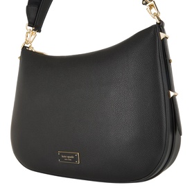 Kate Spade Liv Large Hobo Bag in black pebbled leather, gold-tone hardware, logo plaque, adjustable shoulder strap, side view