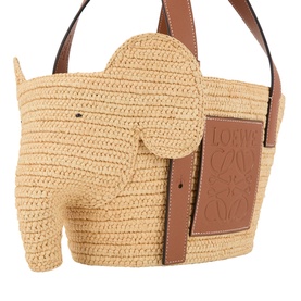 Loewe Elephant Raffia Basket Bag in natural/tan, woven raffia with tan leather elephant head silhouette, gold-tone logo patch and leather trims