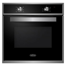 Belling 65L Built-In Electric Single Oven in silver with black glass door, two rotary controls, and digital display panel