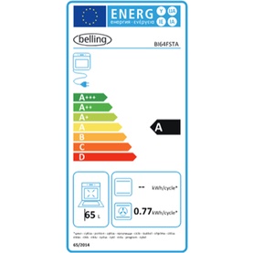 Belling 65L Built-In Electric Single Oven EU energy rating label showing A energy class and 0.77 kWh/cycle consumption