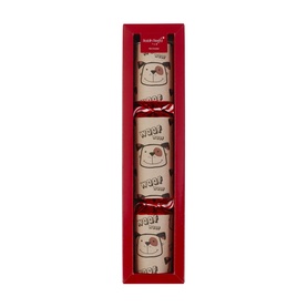 Robin Reed Dog Singular Christmas Cracker, set of four in red box with illustrated dog "woof" design and red ribbon ties