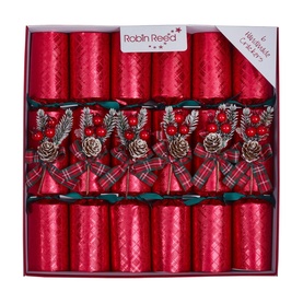Robin Reed Glencoe Christmas Crackers Set of Six, red with tartan bows, pinecone and berry decorations, presented in gift box
