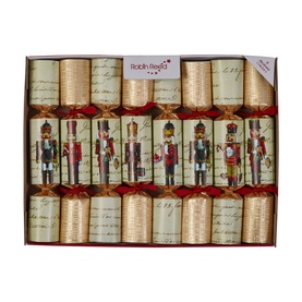 Robin Reed Nutcracker Christmas Crackers Set of Six, gold crackers with nutcracker soldier print and red ribbon bows, in open box
