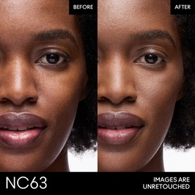 MAC Studio Fix Powder Plus Foundation Refill in NC63, before and after comparison showing coverage on deep skin tone. Images are unretouched