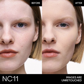 MAC Studio Fix Powder Plus Foundation Refill in NC11, before and after close-up showing skin coverage. Images are unretouched