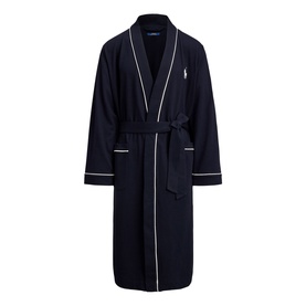 Ralph Lauren Pony Player Logo Robe in navy with white contrast piping, self-belt, shawl collar, and embroidered pony at chest