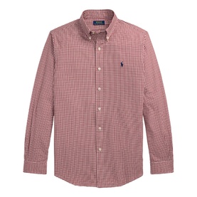 Ralph Lauren Gingham Check Stretch Shirt in wine, button-down collar, long sleeves, embroidered Pony logo at chest