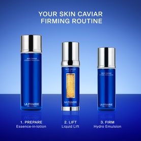 LA PRAIRIE Skin Caviar Hydro Emulsion Moisturiser 30ml shown as part of a three-step Skin Caviar Firming Routine with Essence-in-Lotion and Liquid
