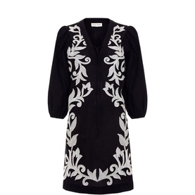Phase Eight Bettie Embroidered Mini Tunic Dress in black with white floral embroidery, cropped puff sleeves, and V-neckline tie fastening