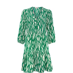 Phase Eight Penele Squiggle Print Swing Dress in green abstract print, button-down front, blouson sleeves, tiered mini length, no model