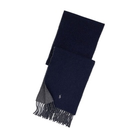 Ralph Lauren Polo Player Logo Fringed Scarf in navy, reversible with grey side, fringe trim and embroidered Polo Player logo