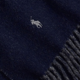 Ralph Lauren Polo Player Logo Fringed Scarf in navy wool with embroidered Polo Player logo and grey rope fringe detail