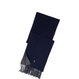 Ralph Lauren Polo Player Logo Fringed Scarf in navy, reversible with grey side, fringe trim and embroidered Polo Player logo
