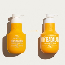 Sol De Janeiro Body Badalada Vitamin-Infused Lotion in yellow pump bottle, shown before and after updated packaging design.