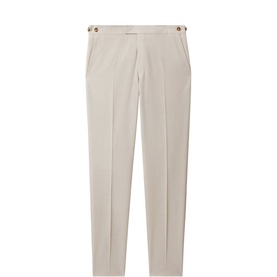 Reiss Belmont Textured Suit Trousers in beige, slim fit with gold buttoned side adjusters and tailored finish