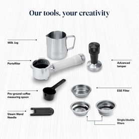 Espresso machine accessories laid flat including portafilter, milk jug, tamper, ESE filter, measuring spoon, and steam wand needle on white background