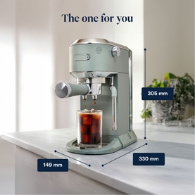 Delonghi Dedica Duo Cold Brew Manual Pump Coffee Machine in green, shown with dimensions: 305mm height, 330mm depth, 149mm width.